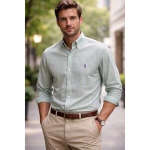 Ralph Lauren classic Green Striped Button Up Long Sleeve Mens 15 1/2 M old money